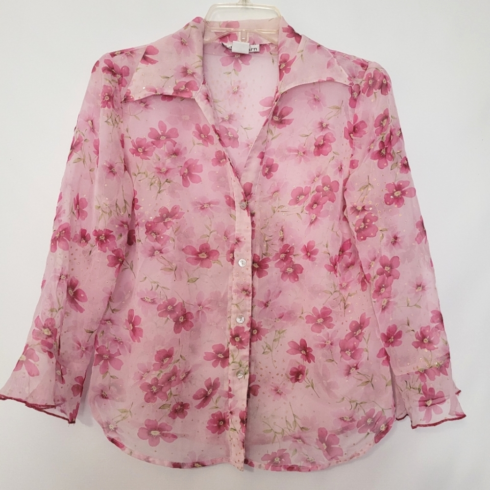 Dressbarn Pink Ruffle Sheer Floral Button Down M